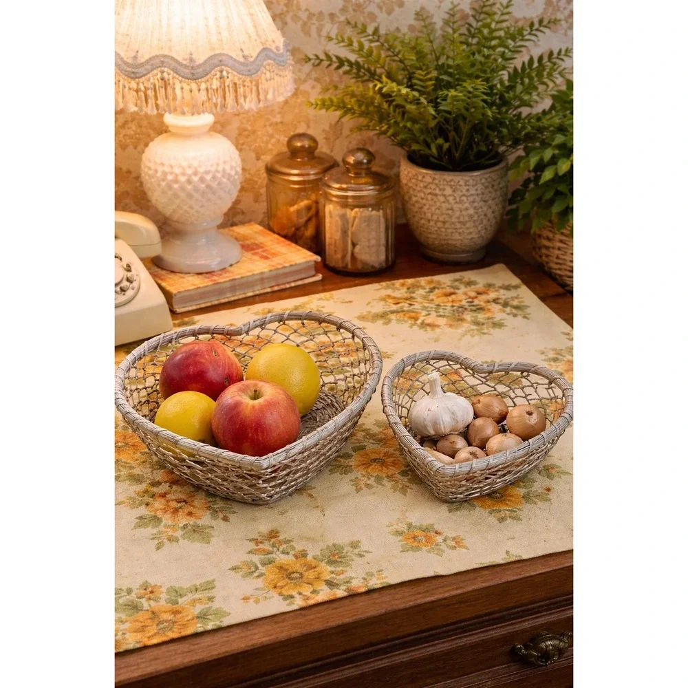 Silver Heart Shaped Woven‎ Wire Nesting Baskets Set of 2 Metallic Storage Decor